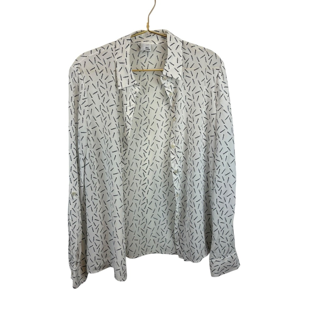 Iris‎ & Ink White Black 100% Silk Button Up Shirt Size Paintbrush Size 14